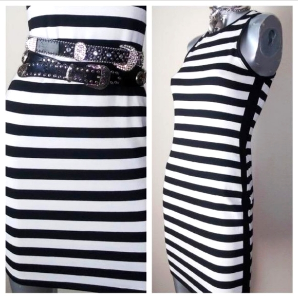 "Rachel Roy" Black/White Pop of Red Fitted Cocktail Party Midi Sleeveless Dress - Picture 4 of 9